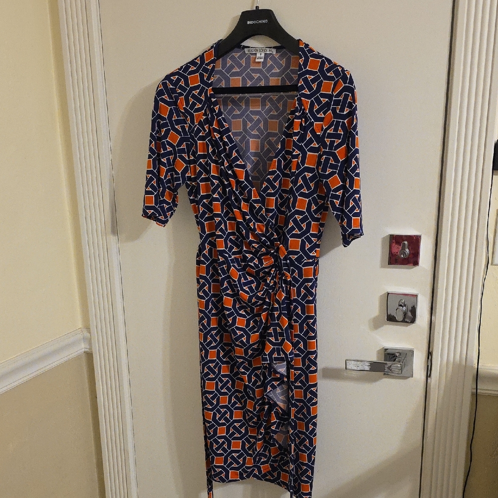 Geometric Wrap Dress in Blue and Orange